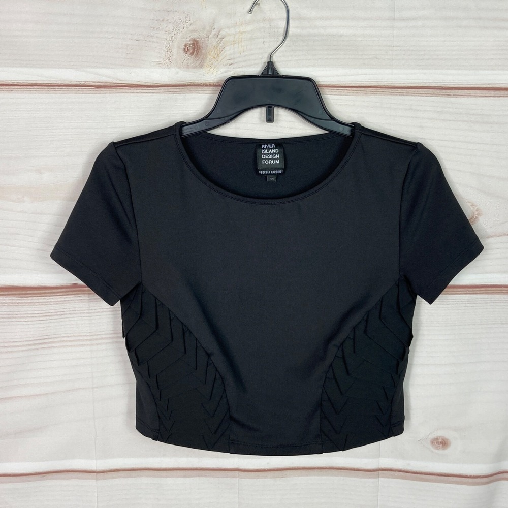 River Island Top Womens UK 10 US 6‎ Black Crop T-Shirt Crew Neck Short Sleeve